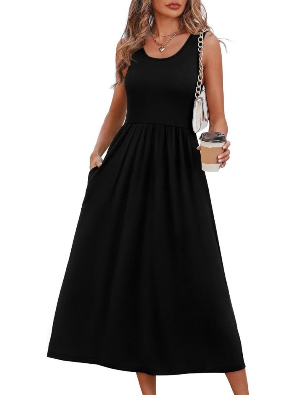 Flowy Casual Midi Dress for Women - Summer Beach Vacation Sundress with Pockets